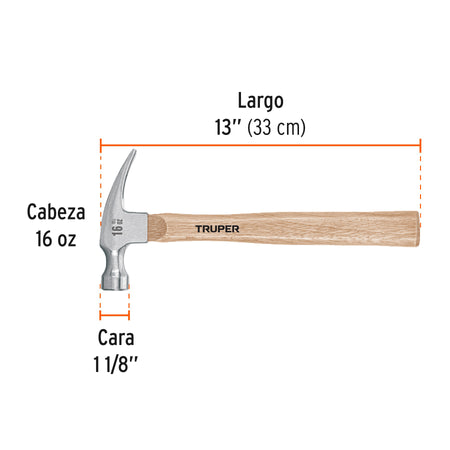 Martillo pulido, 16 oz, uña recta, mango madera, TRUPER 16 oz