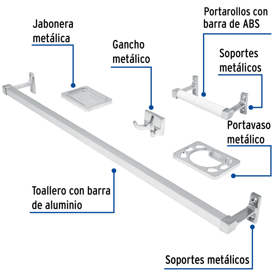 Juego de 5 accesorios para baño, metálicos, cromo, BASIC