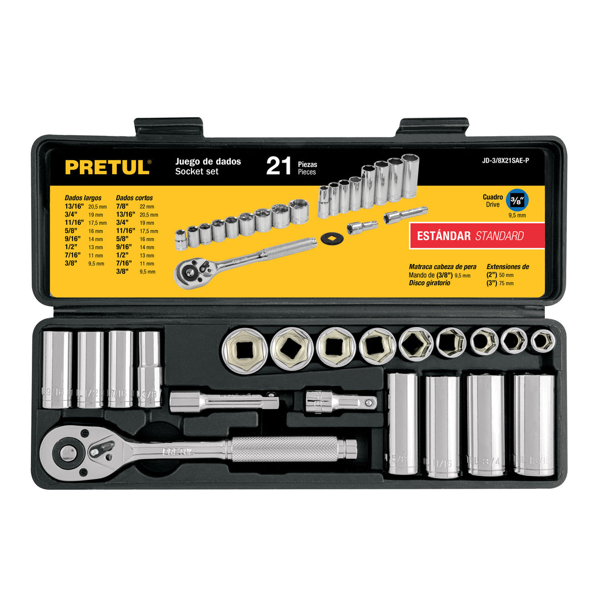 Juego de 21 herramientas 3/8" std para mecanico Pretul