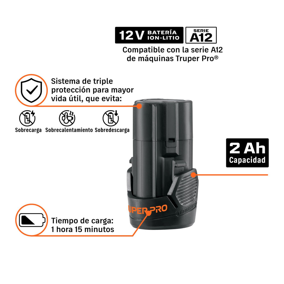 Batería ion litio, 12 V, 2 Ah, TRUPER PRO