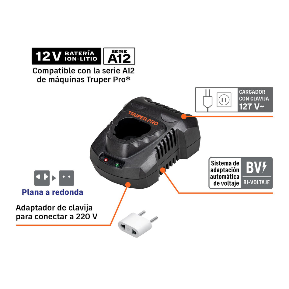 Cargador de baterías de ion litio de 12 V, TRUPER PRO
