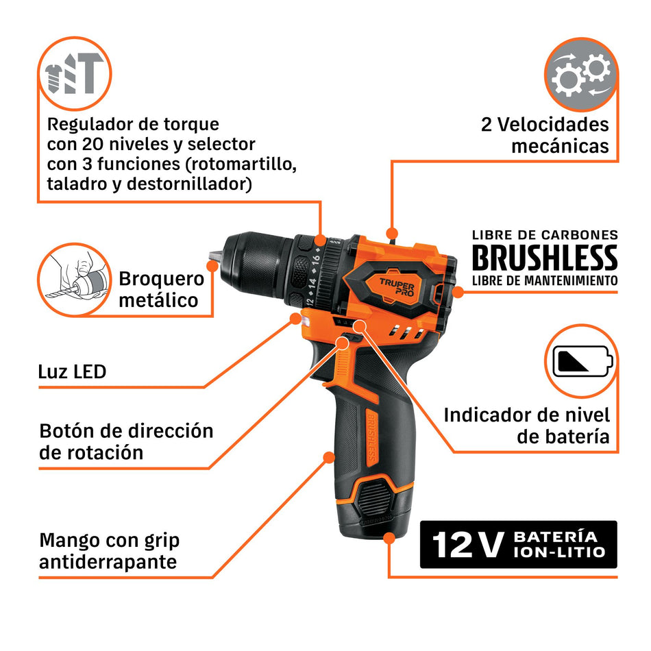 Combo rotomartillo/dest + dest/impacto, 12V TRUPER PRO