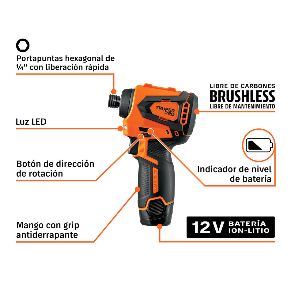 Destornillador de impacto 1/4", 12 V brushless, TRUPER PRO