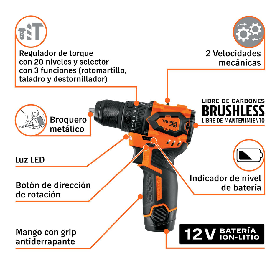 Rotomartillo/destornillador 3/8", 12V, 1 batería 2 Ah, PRO