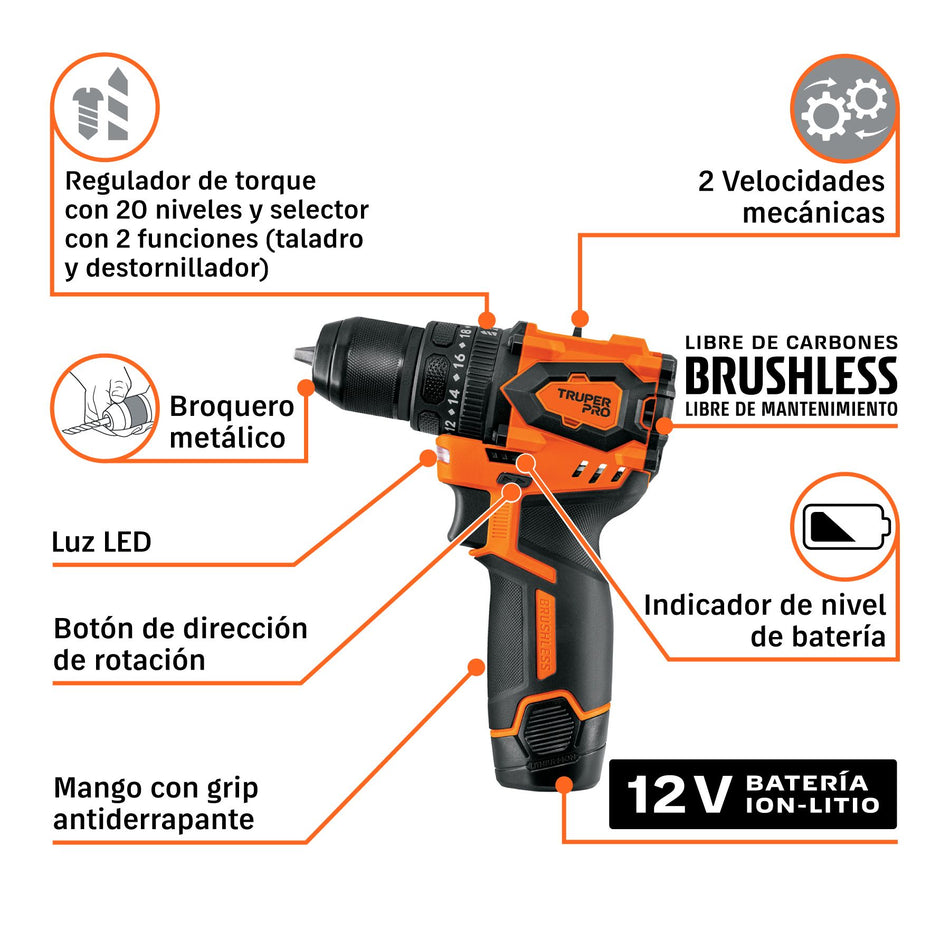 Taladro/destornillador 3/8", 12V, 1 batería 2Ah, TRUPER PRO