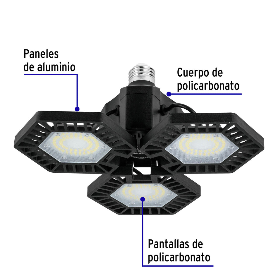 Luminario LED 50W 6500K con 3 paneles abatibles, VOLTECK