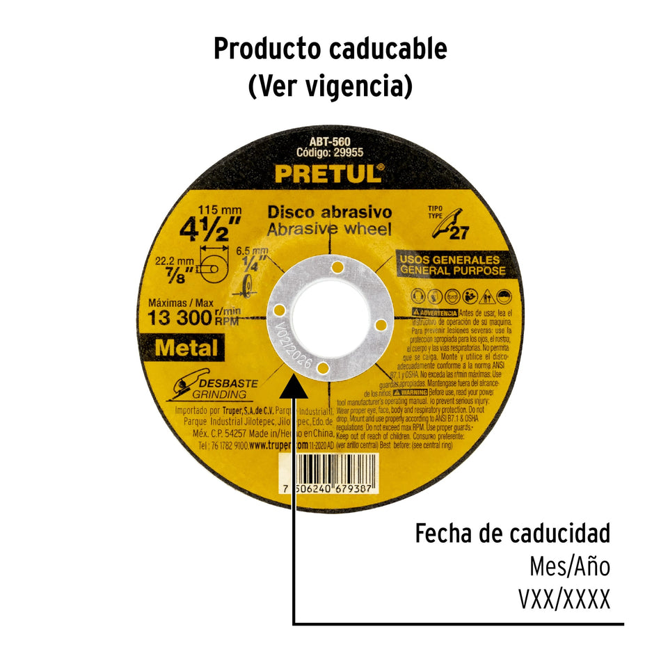 Disco Tipo 27 de 4-1/2' x 6.2 mm desbaste de metal, Pretul