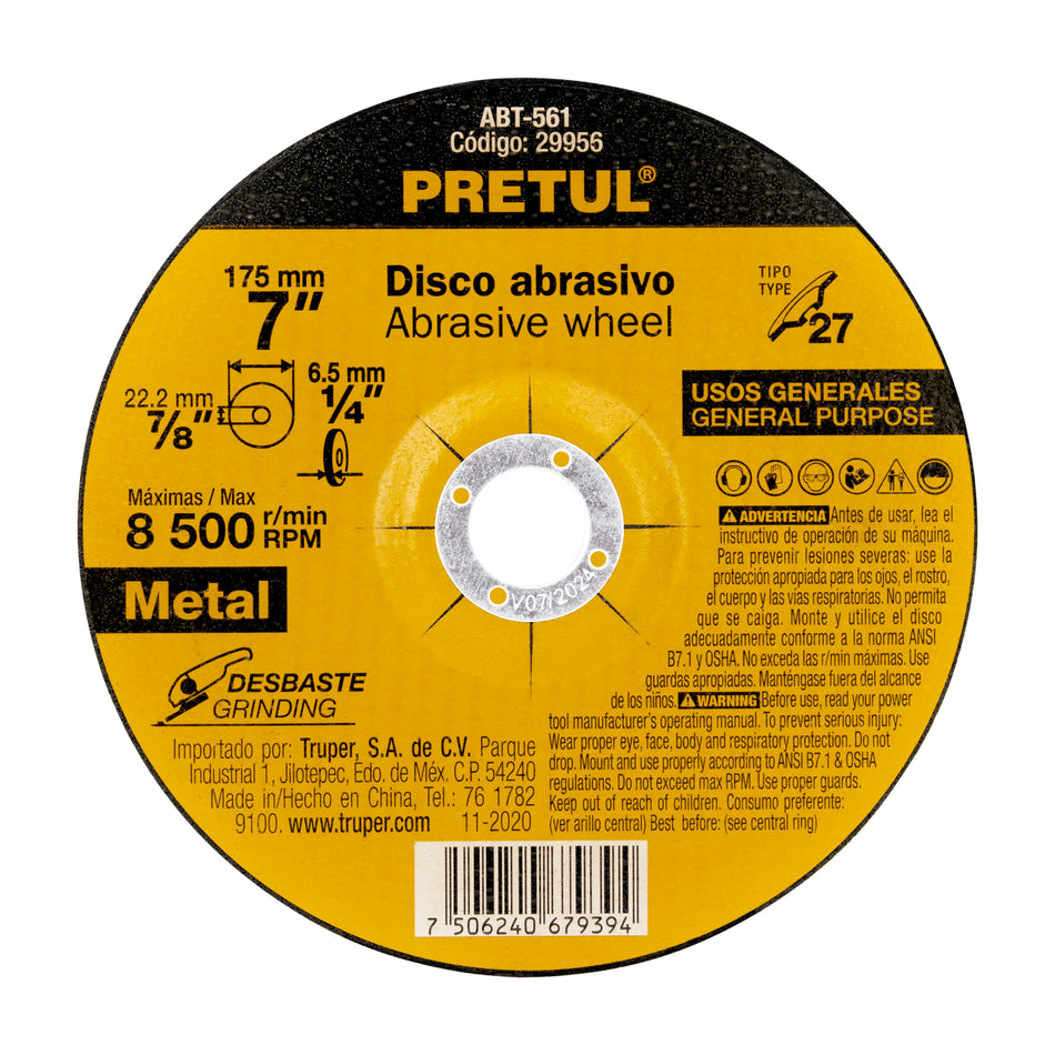 Disco Tipo 27 de 7' x 6.2 mm desbaste de metal, Pretul