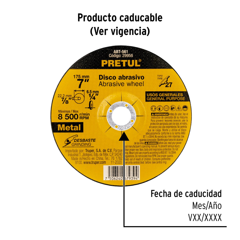 Disco Tipo 27 de 7' x 6.2 mm desbaste de metal, Pretul