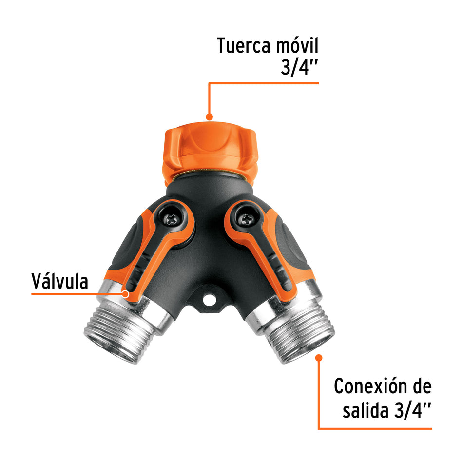 Conector "Y" 3/4" metalico con recubrimiento para manguera