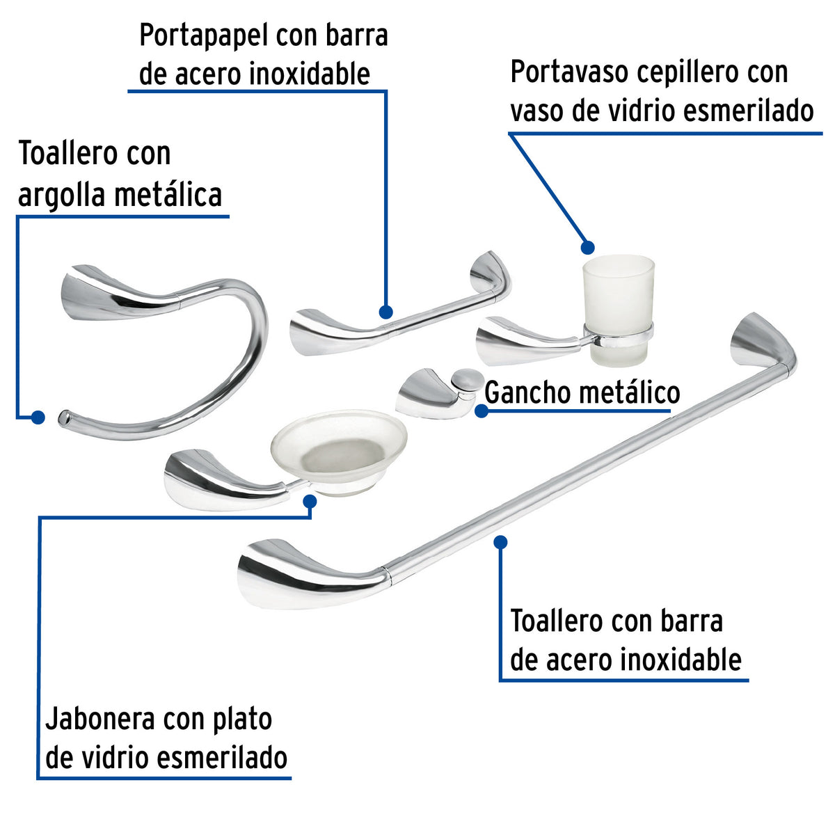 Juego de 6 accesorios para bano metalicos FOSET AERO