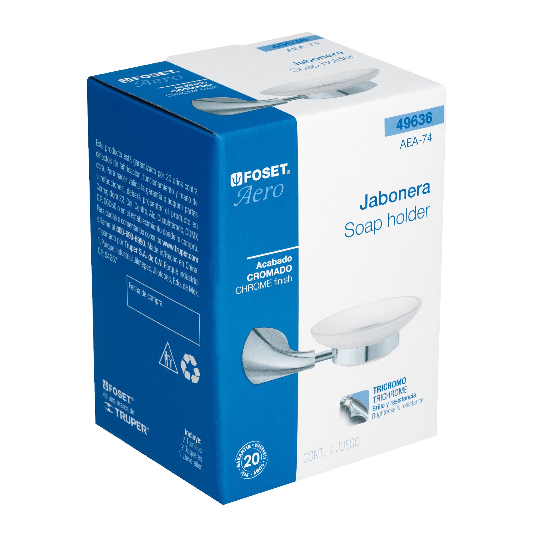 Jabonera metálica con plato de vidrio, FOSET AERO