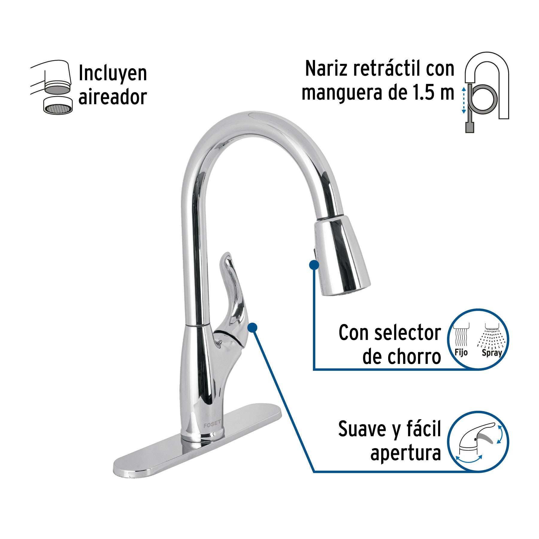 Monomando nariz retráctil para fregadero, FOSET AERO