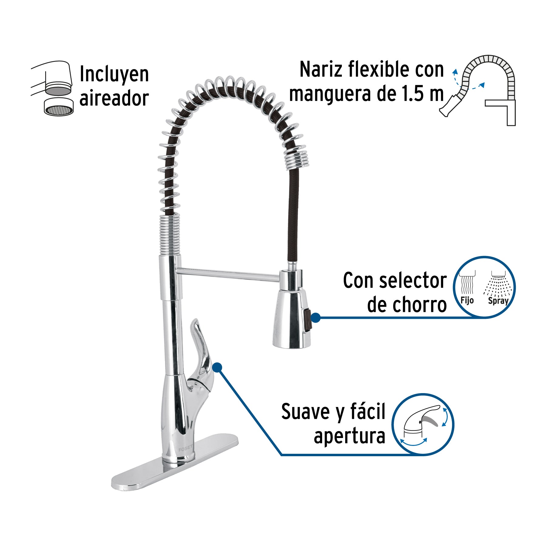 Monomando fregadero cromo, semi profesional, FOSET AERO