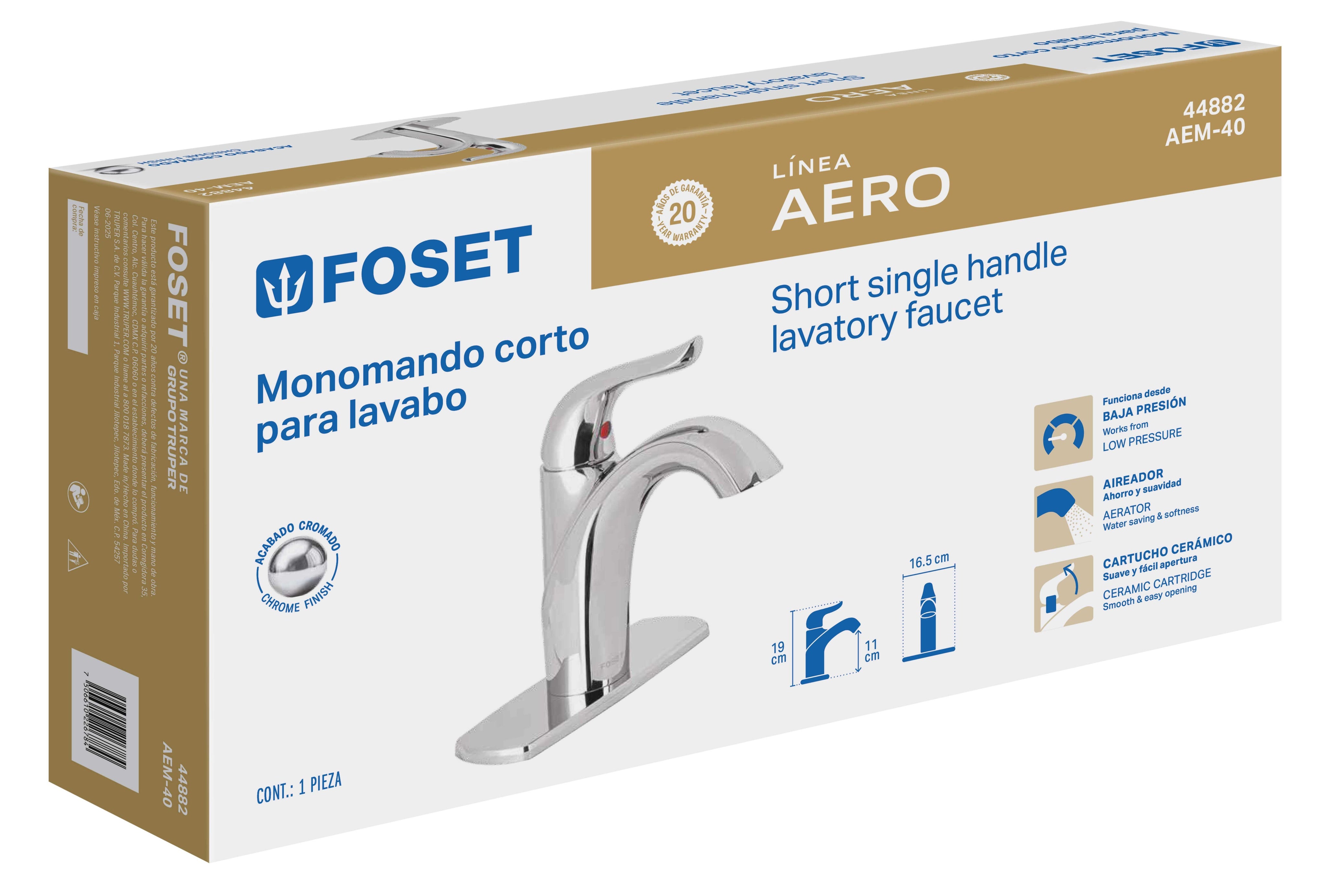 Monomando corto lavabo, cromo, FOSET AERO