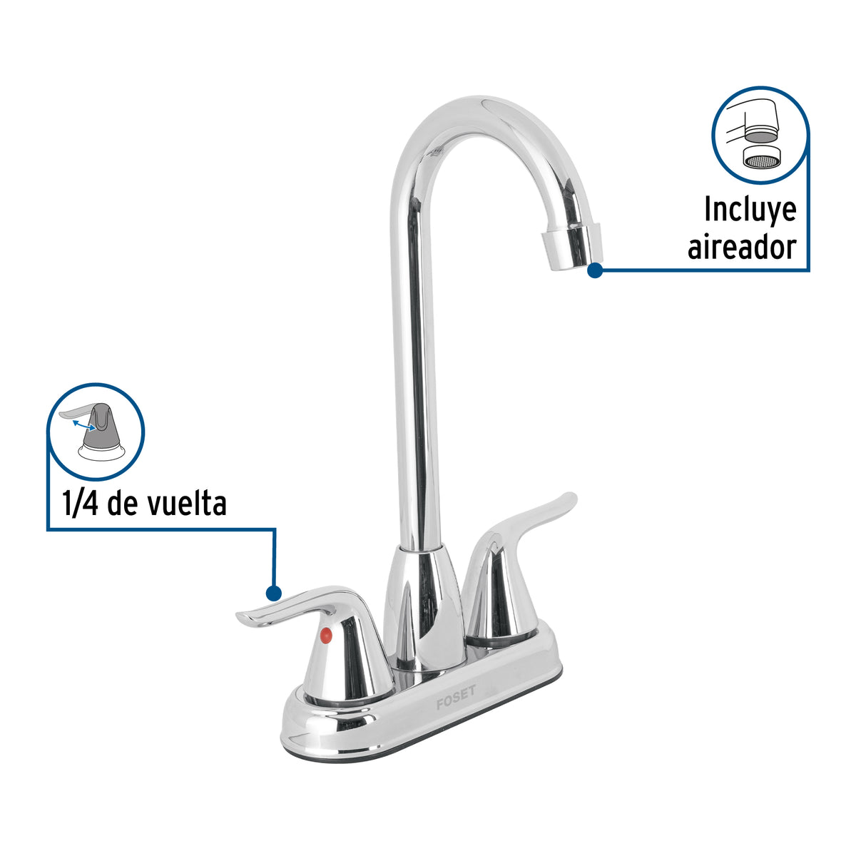 Mezcladora lavabo 4' cromo, tipo bar, palanca, FOSET AERO