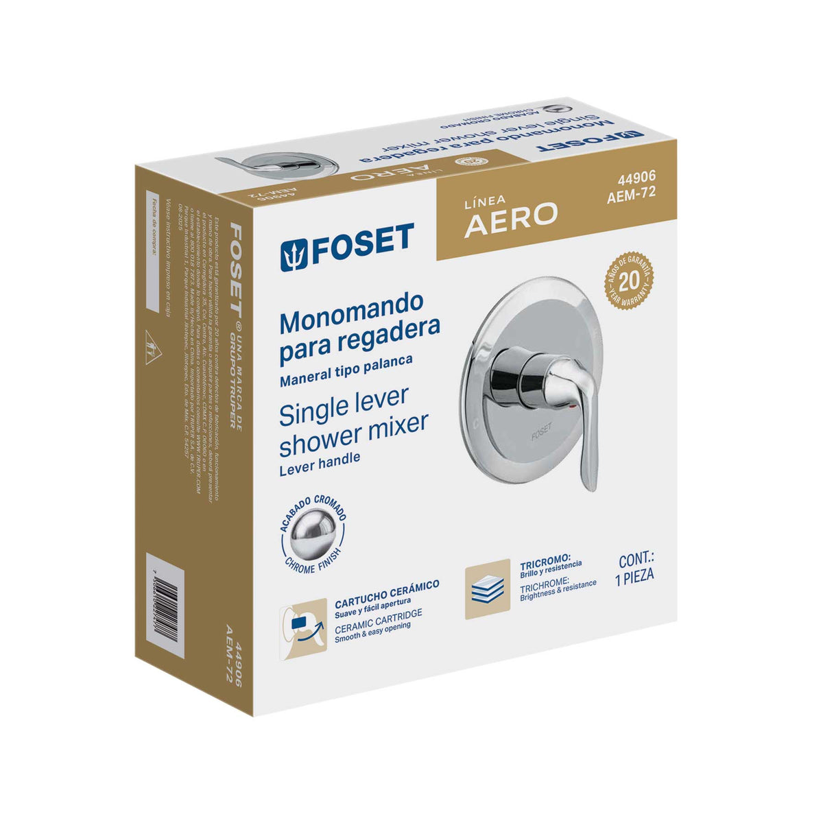 Monomando para regadera, cromo, FOSET AERO