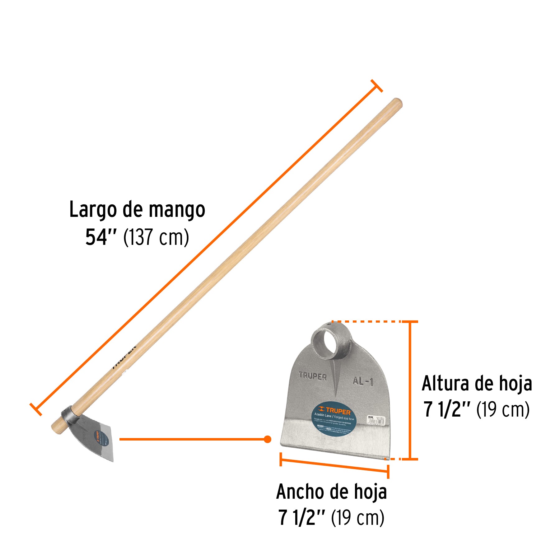 Azadón Lane No. 1 de 1.8 lb, mango madera de 54', TRUPER