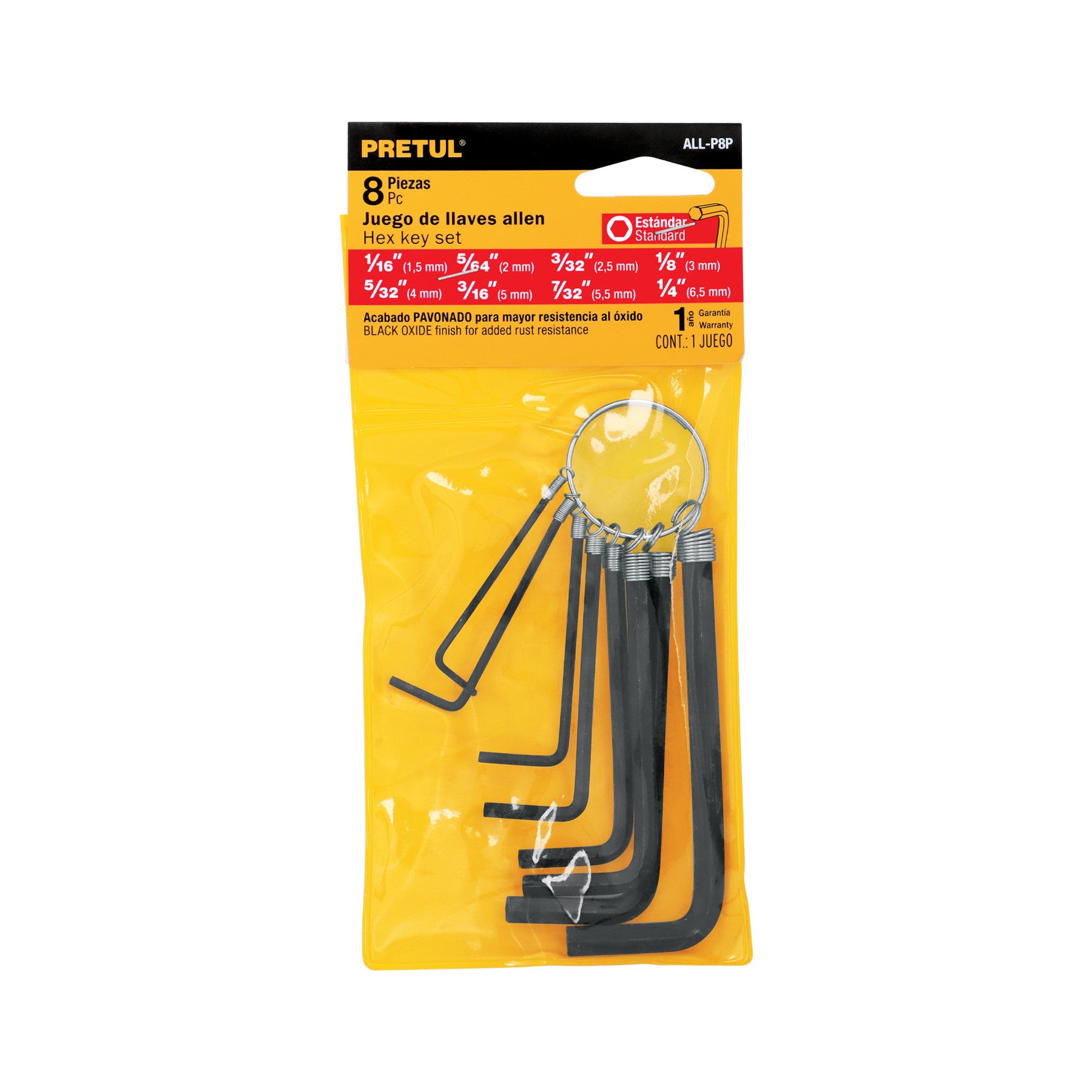 Juego de 8 llaves allen std tipo llavero, punta hex, PRETUL