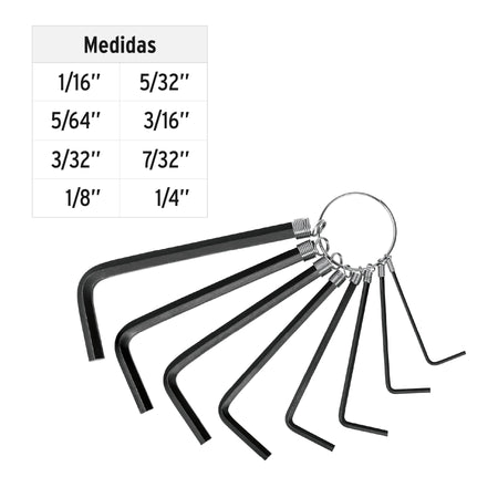 Juego de 8 llaves allen std tipo llavero, punta hex, PRETUL