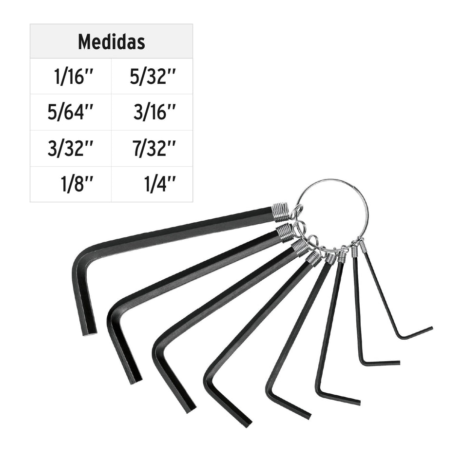 Juego de 8 llaves allen std tipo llavero, punta hex, PRETUL