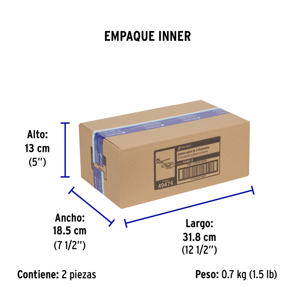  Antena aérea para TV HD, 3 elementos, VOLTECK