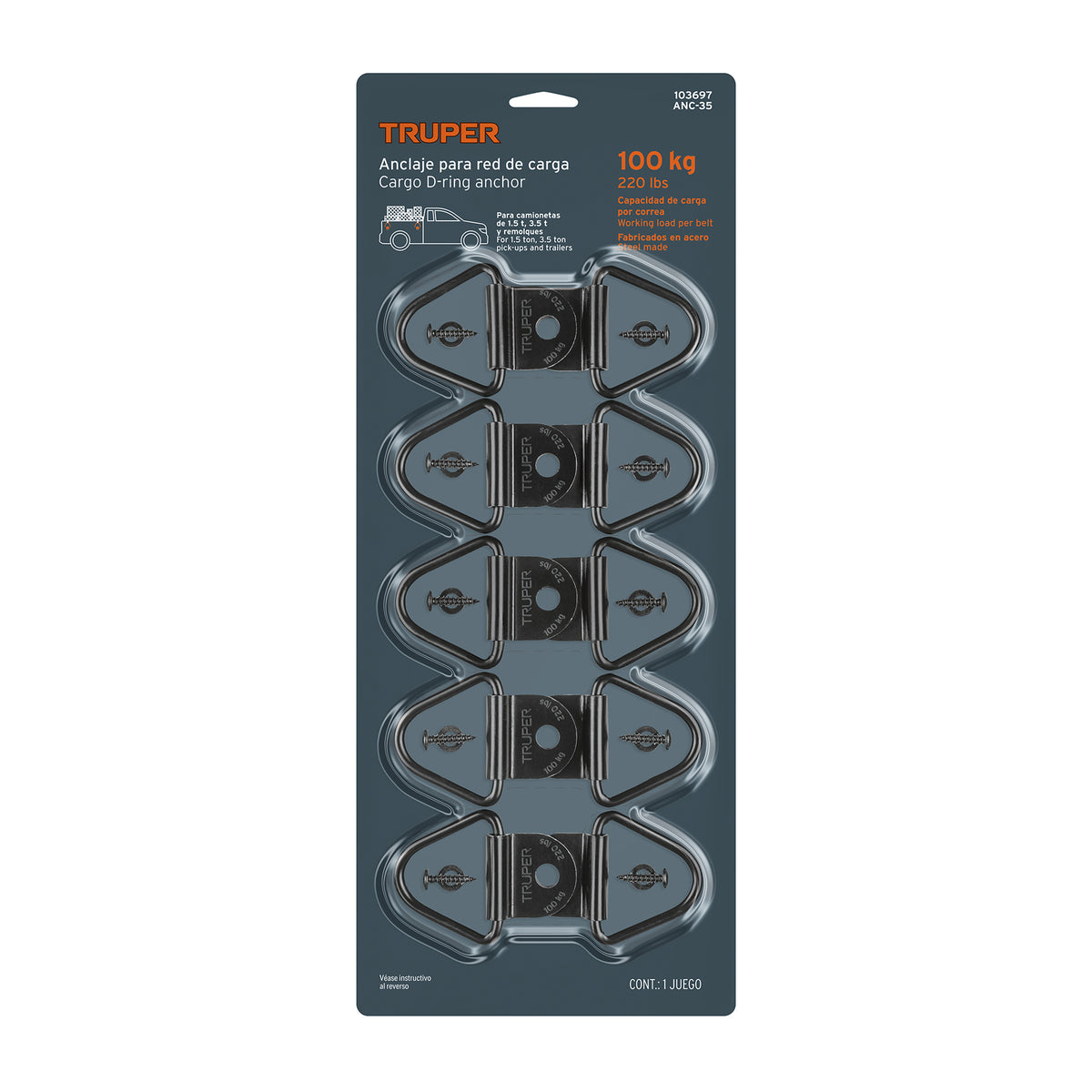 Blister con 10 anclajes para redes de carga de 3.5 ton.