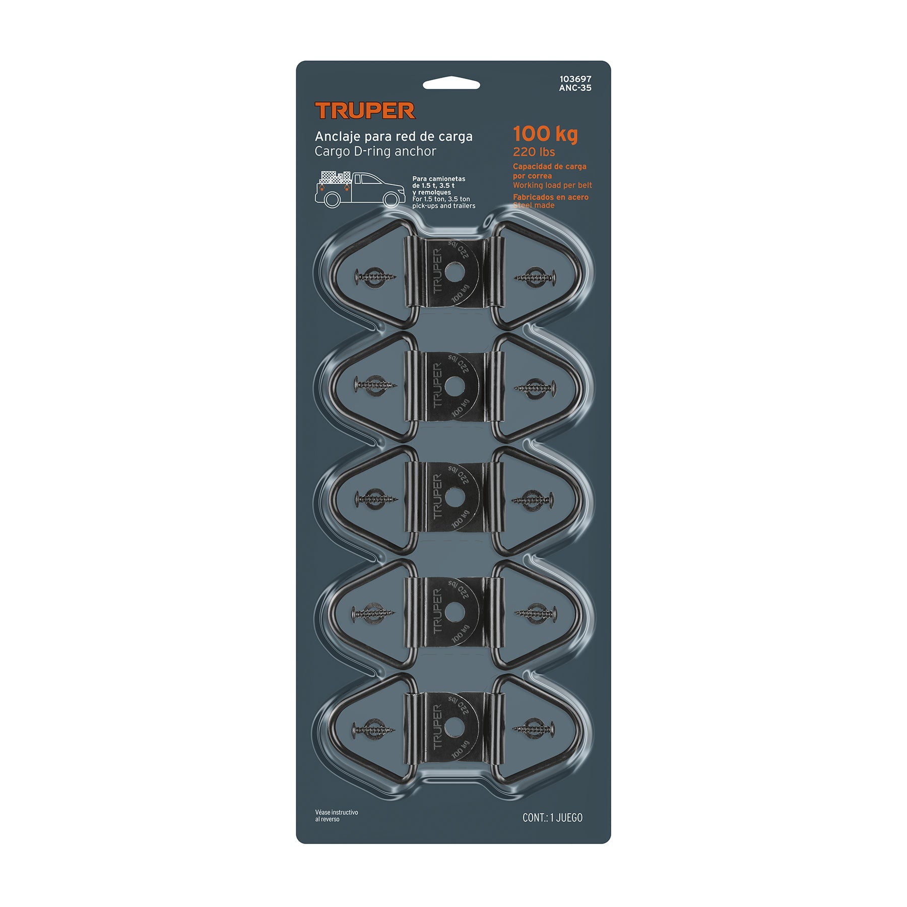 Blister con 10 anclajes para redes de carga de 3.5 ton.