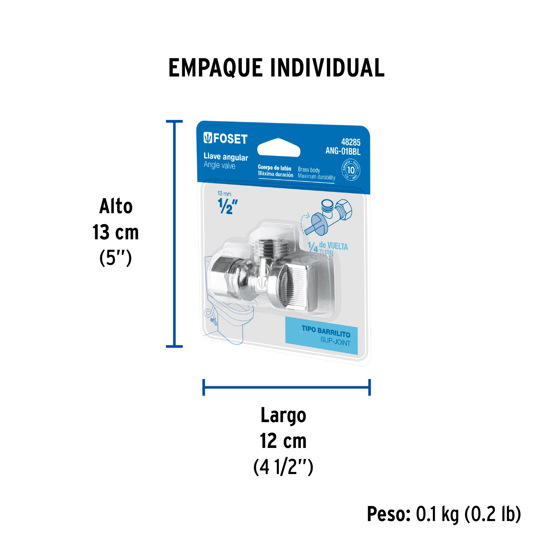Llave angular 1/2" 1/4 de vuelta barrilito blister FOSET