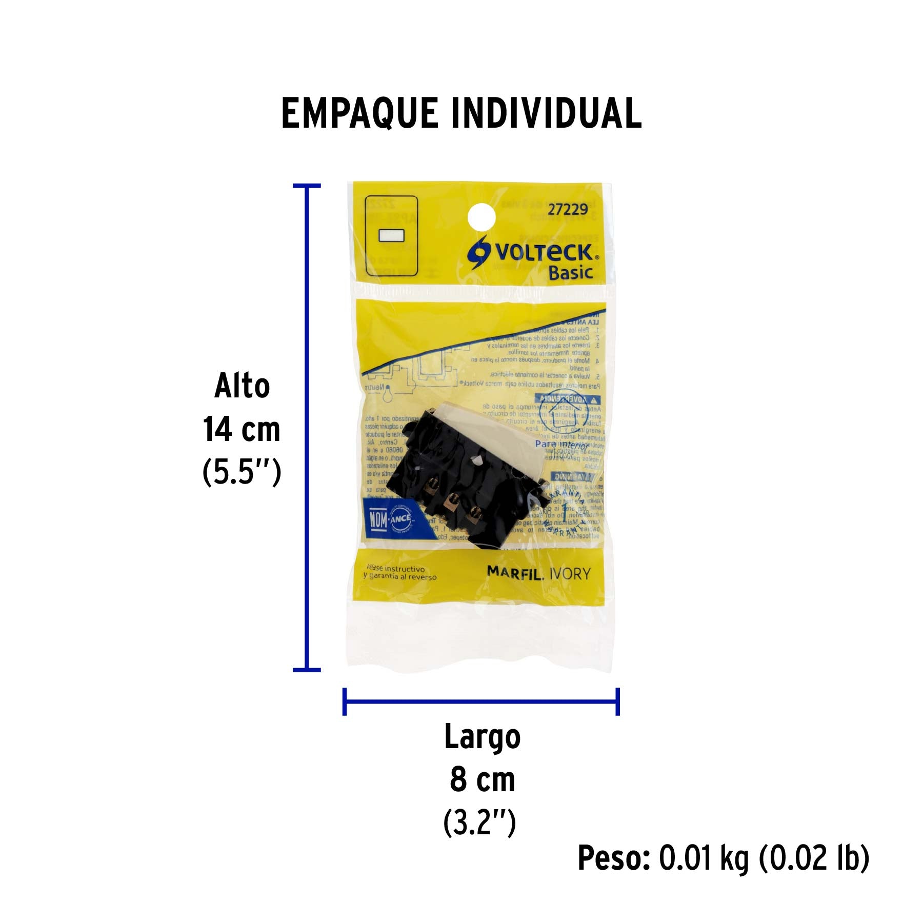 Interruptor de 3 vías, marfil, línea Volteck Basic