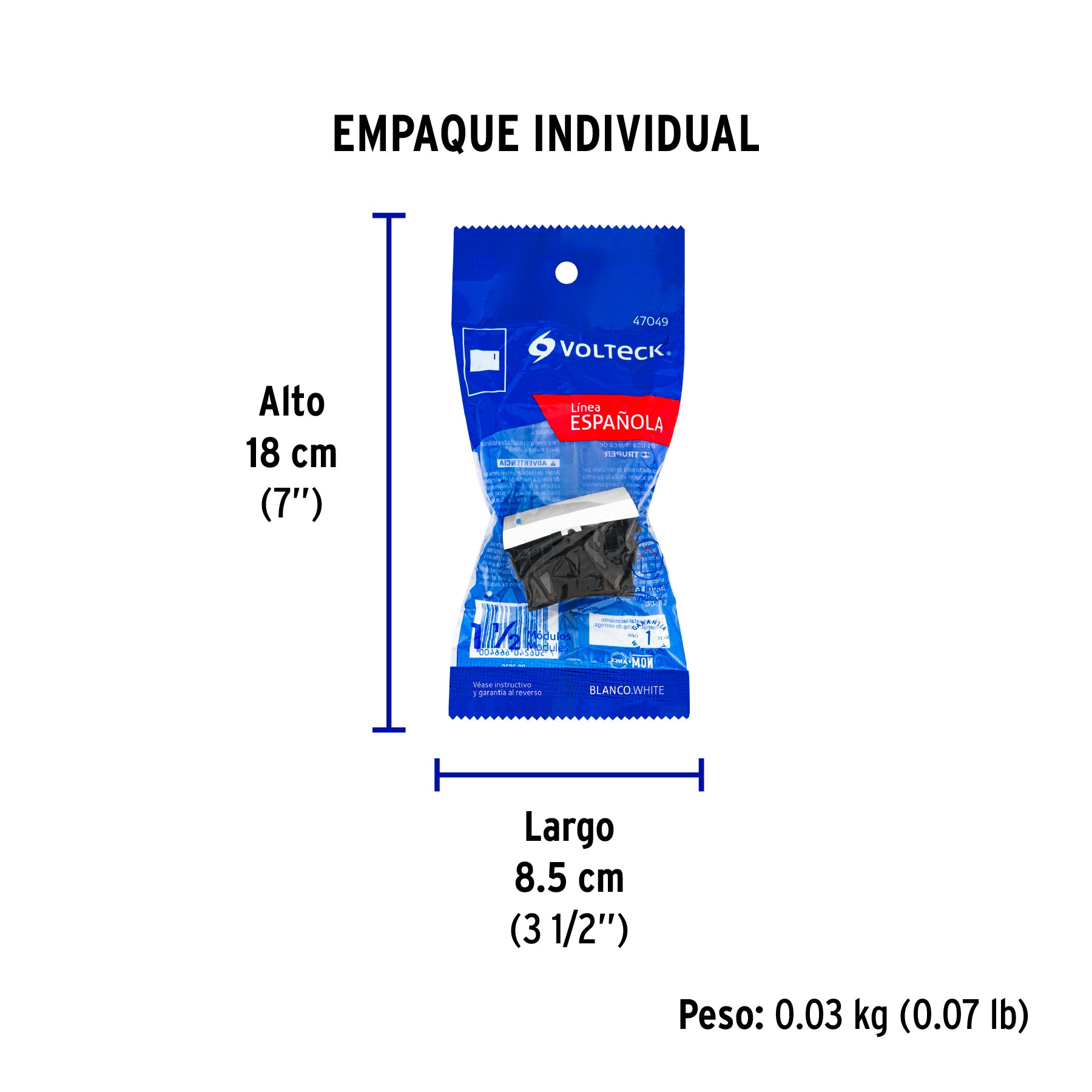 Interruptor de 3 vías, 1.5 módulos, línea Española, blanco