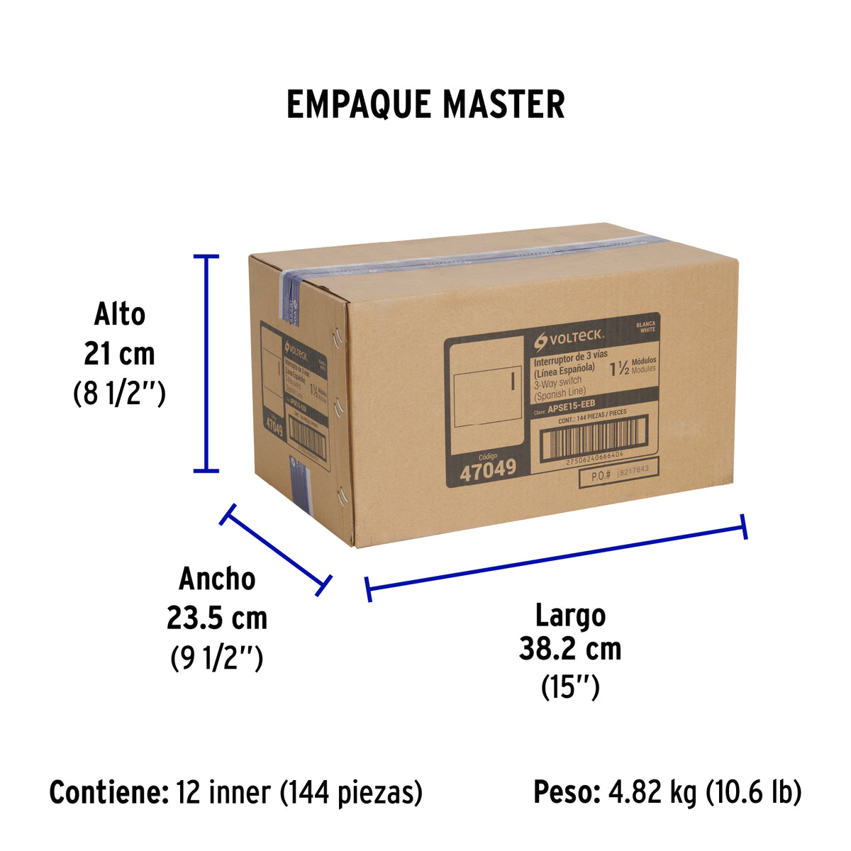 Interruptor de 3 vías, 1.5 módulos, línea Española, blanco