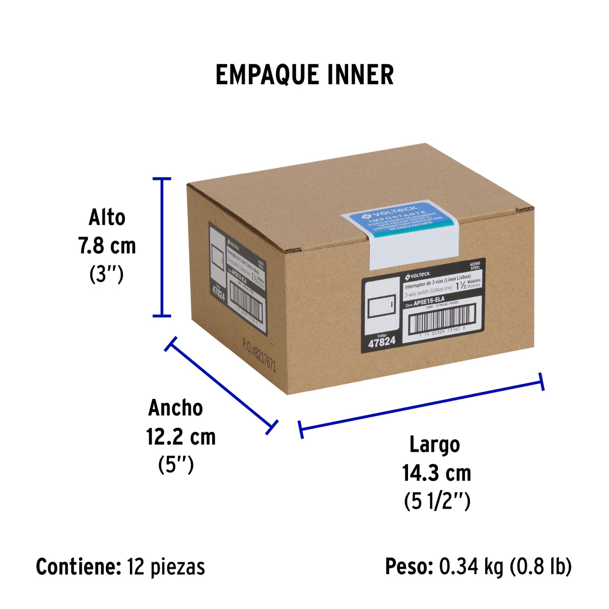 Interruptor 3 vías acero inox de 1.5 módulos, línea Lisboa