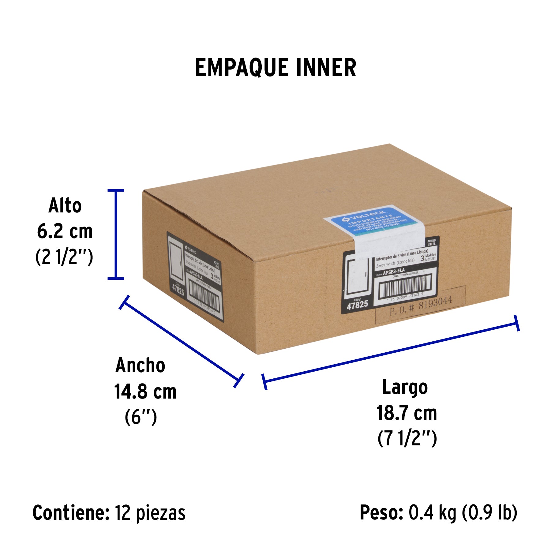 Interruptor 3 vías acero inox de 3 módulos, línea Lisboa