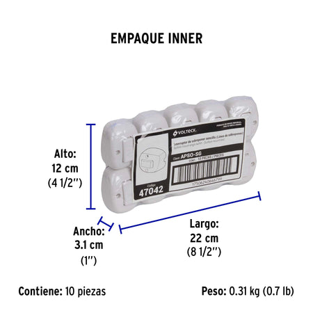 Interruptor de sobreponer sencillo, a granel, Volteck