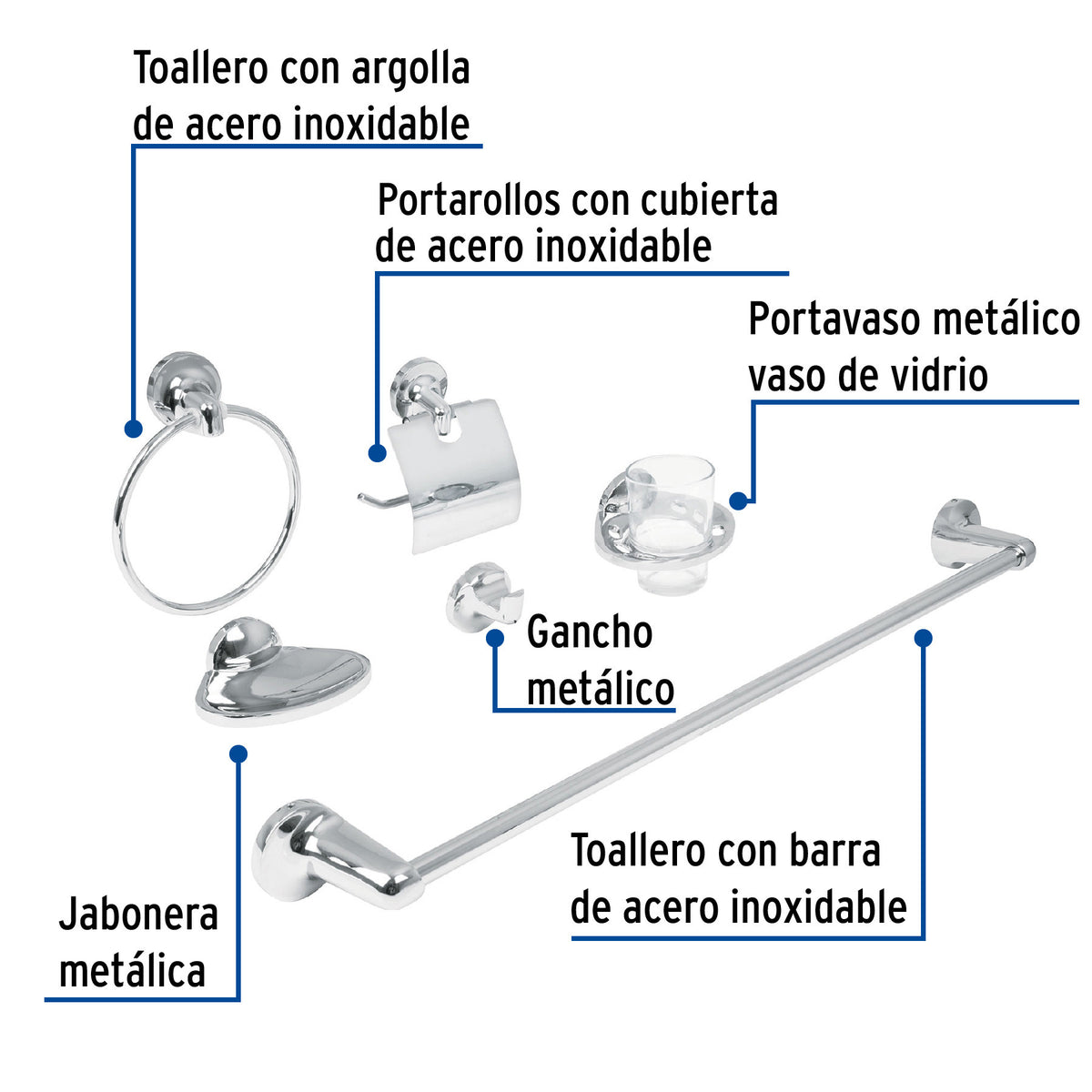 Juego de 6 accesorios para bano redondos cromo FOSET AQUA