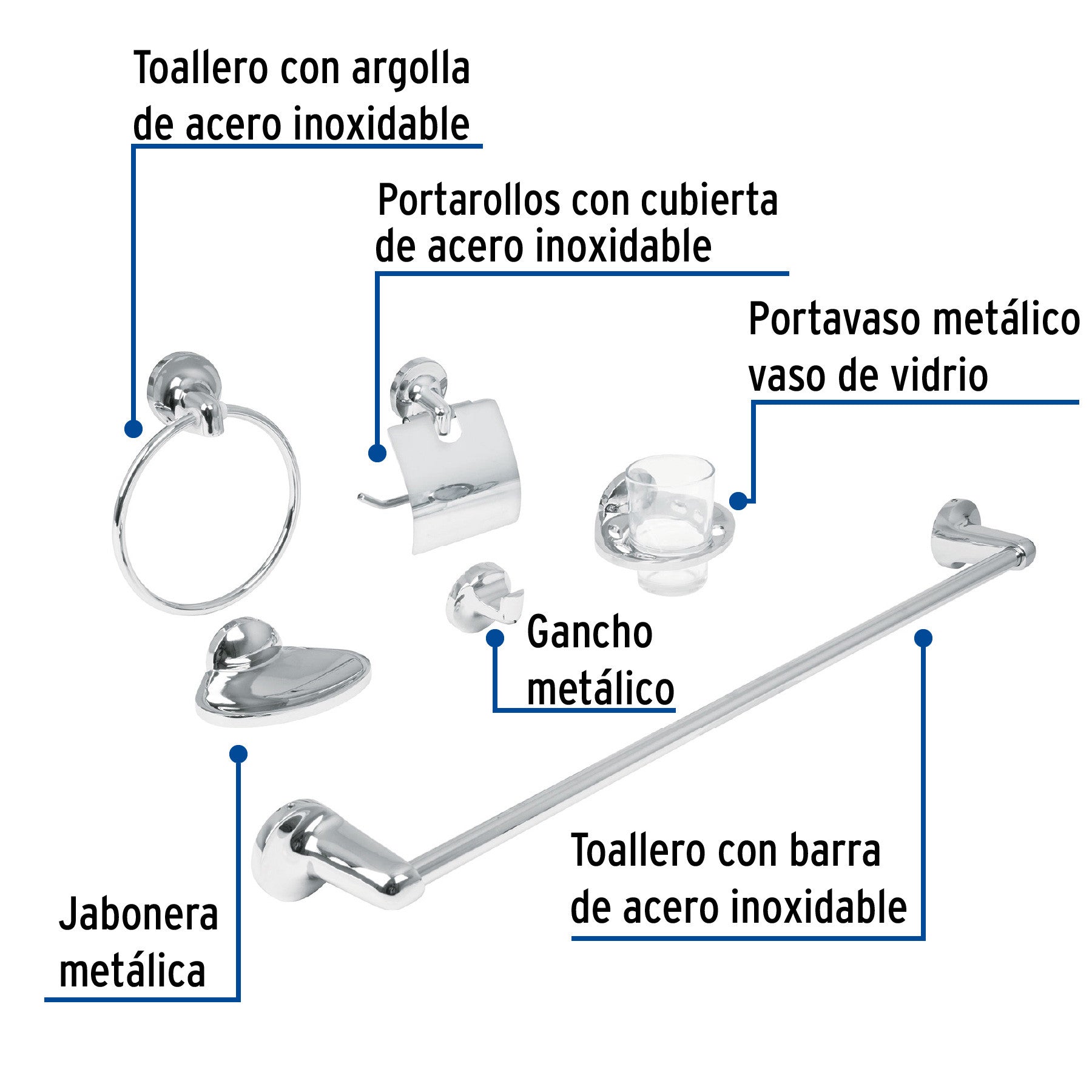 Juego de 6 accesorios para bano redondos cromo FOSET AQUA