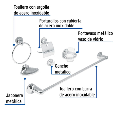 Juego de 6 accesorios para bano redondos cromo FOSET AQUA