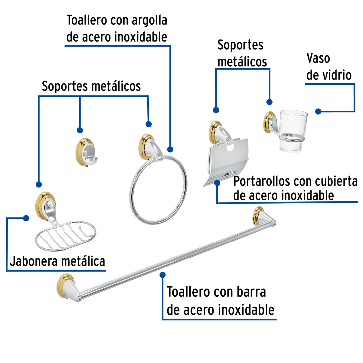 Juego de 6 accesorios para bano cromo-oro FOSET AQUA