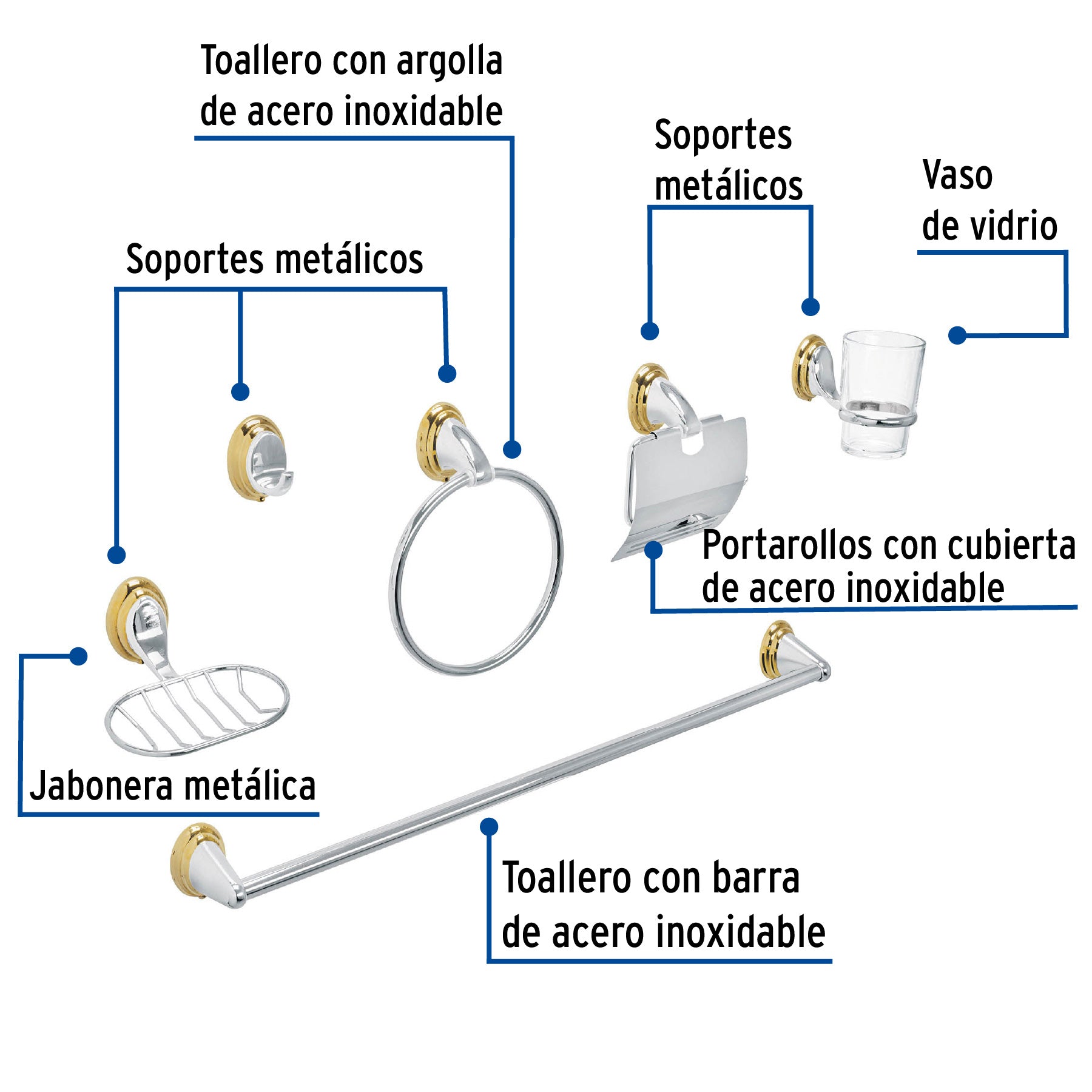 Juego de 6 accesorios para bano cromo-oro FOSET AQUA