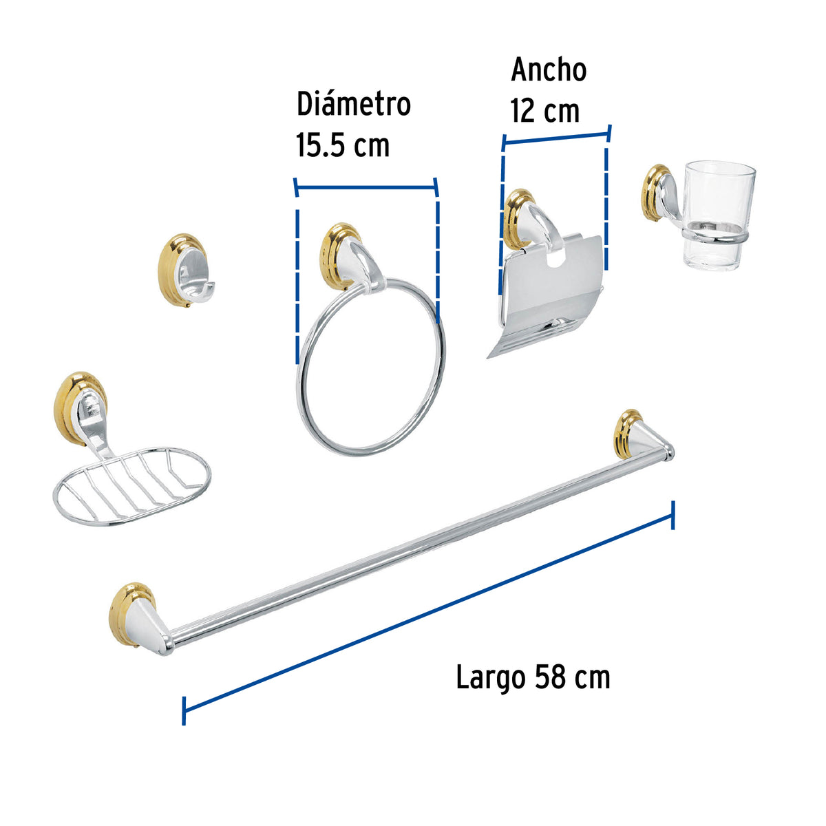 Juego de 6 accesorios para bano cromo-oro FOSET AQUA