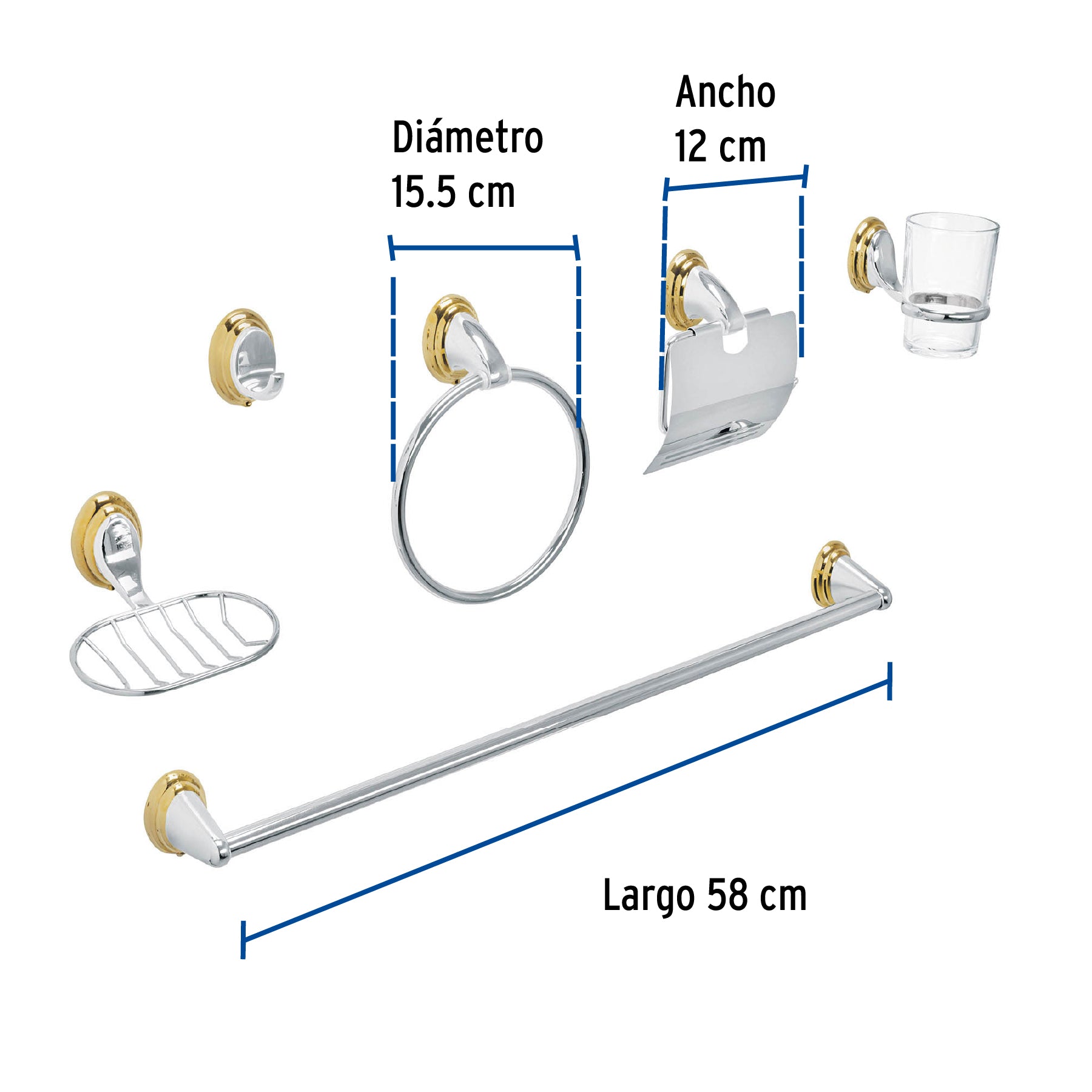 Juego de 6 accesorios para bano cromo-oro FOSET AQUA