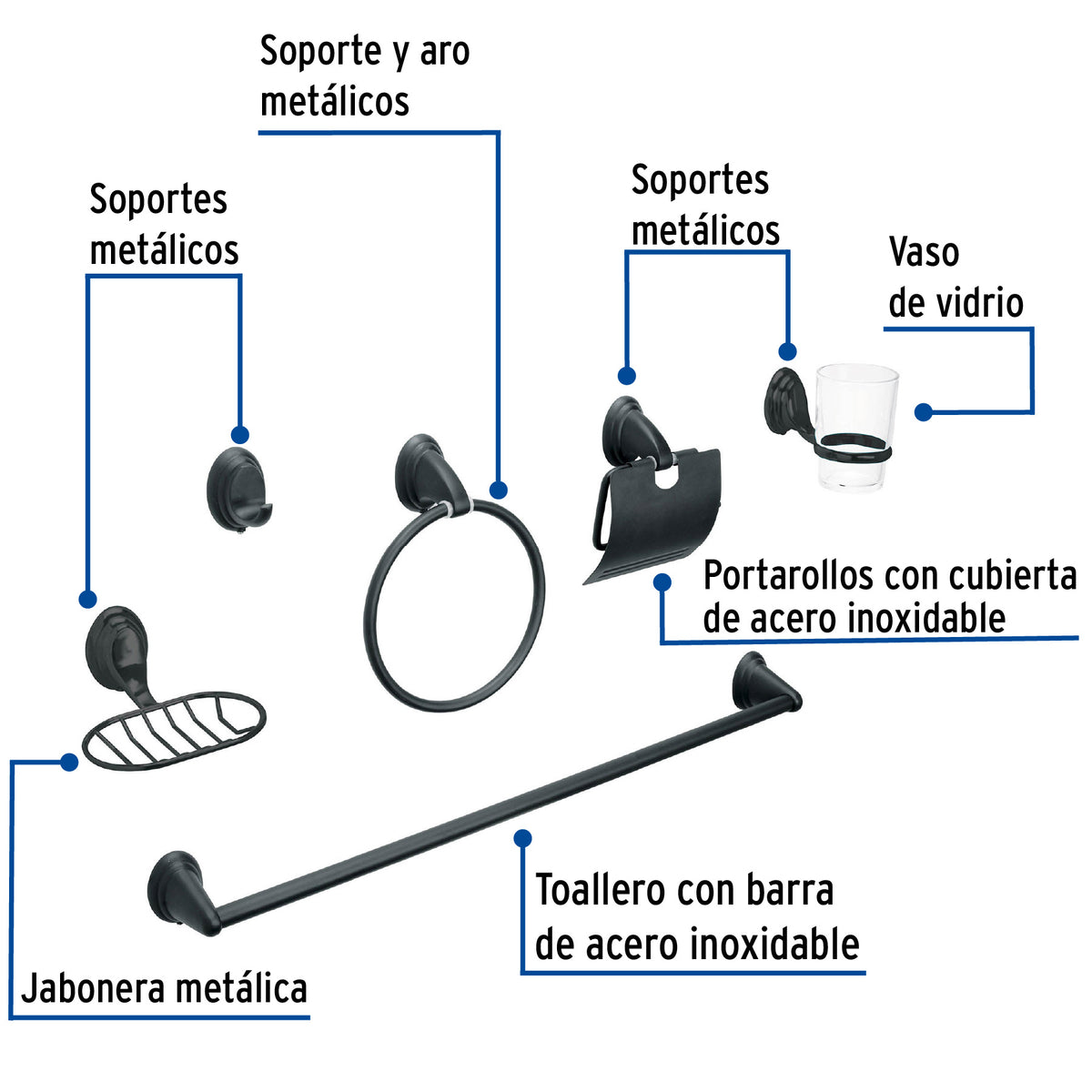 Juego de 6 accesorios para bano FOSET AQUA negro