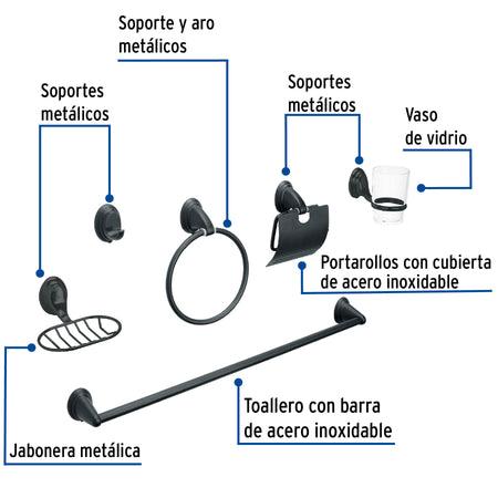 Juego de 6 accesorios para bano FOSET AQUA negro
