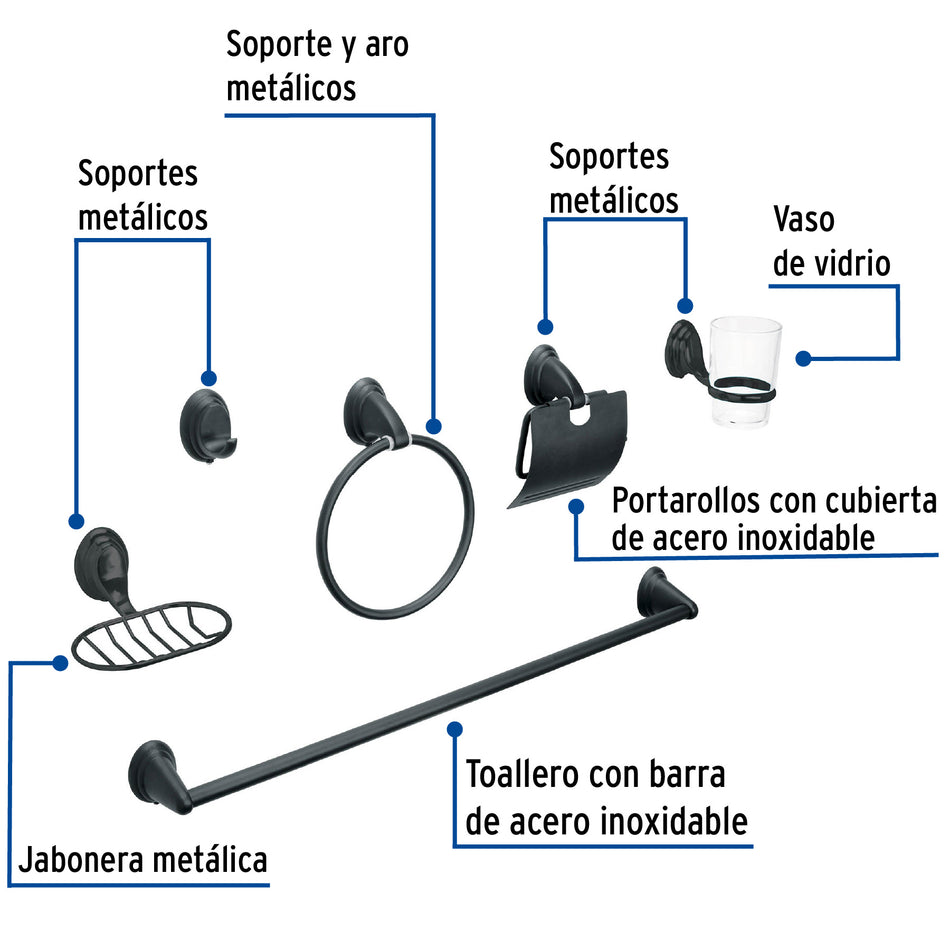 Juego de 6 accesorios para bano FOSET AQUA negro