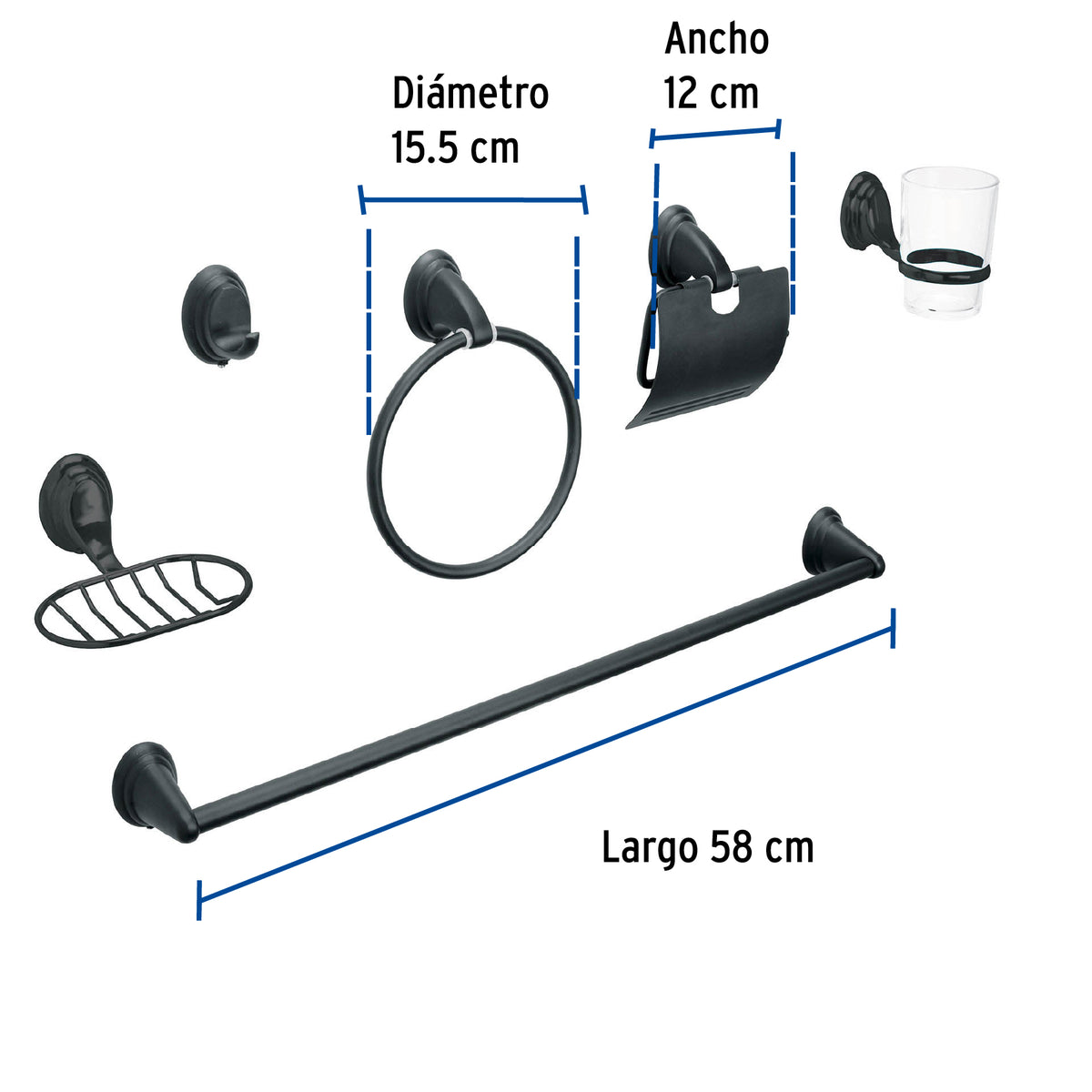 Juego de 6 accesorios para bano FOSET AQUA negro