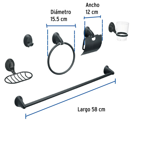 Juego de 6 accesorios para bano FOSET AQUA negro