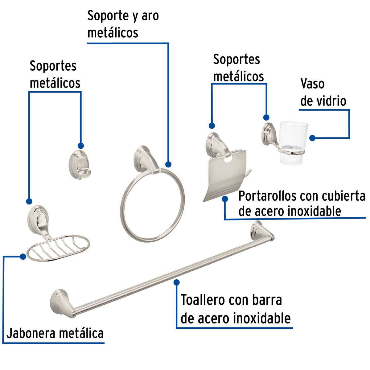 Juego de 6 accesorios para bano niquel satin FOSET AQUA