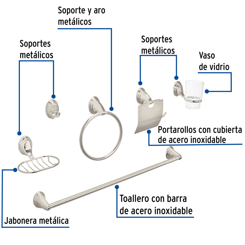 Juego de 6 accesorios para bano niquel satin FOSET AQUA