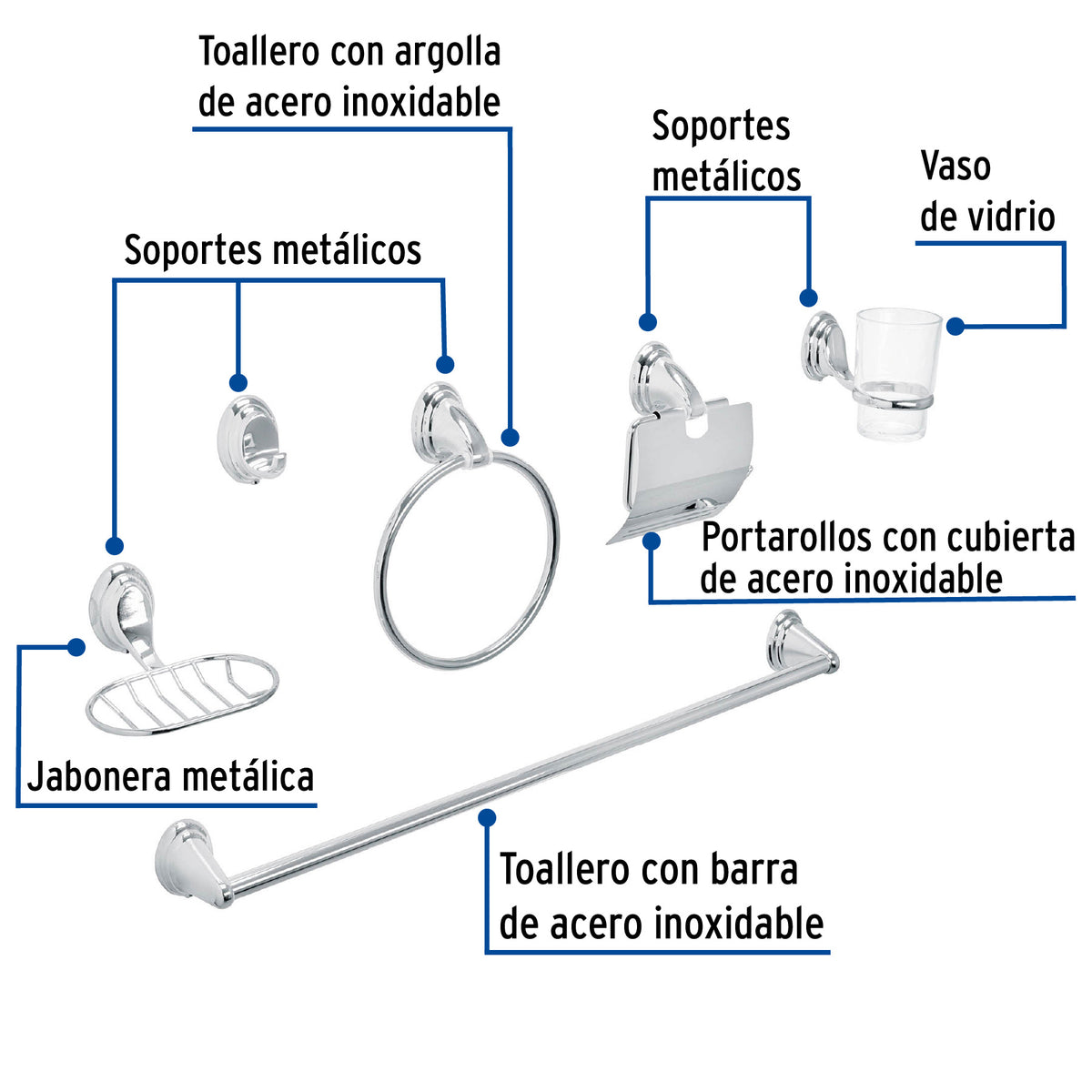 Juego de 6 accesorios para bano FOSET AQUA cromo